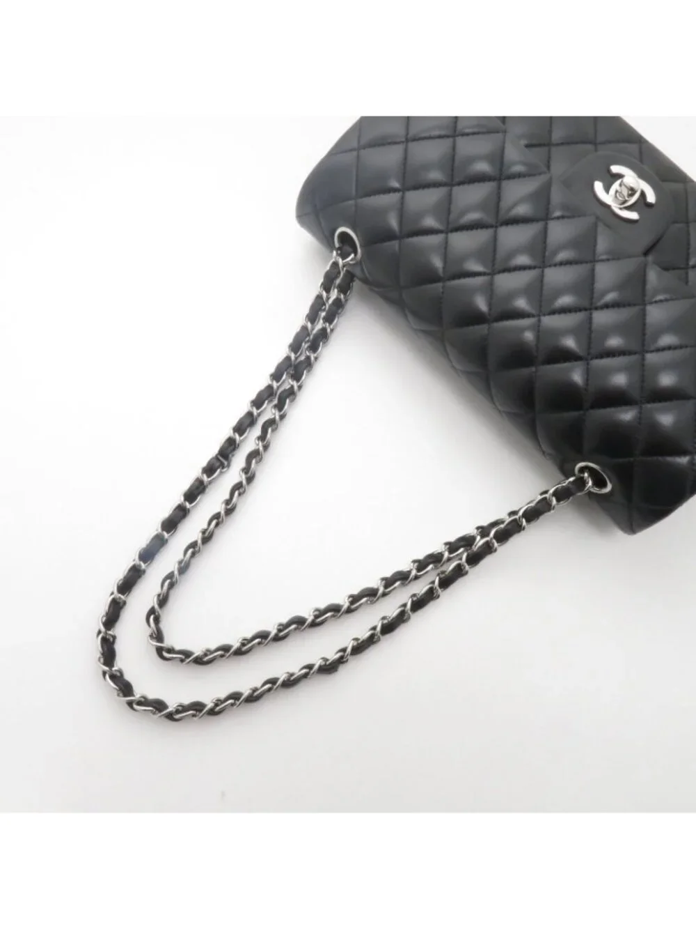 Chanel Quilted Double Flap 25 Chain Shoulder Bag Black Silver Lambskin